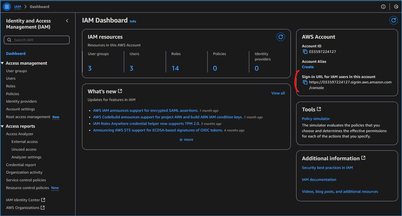 IAM Sign-in URL Location in Dashboard