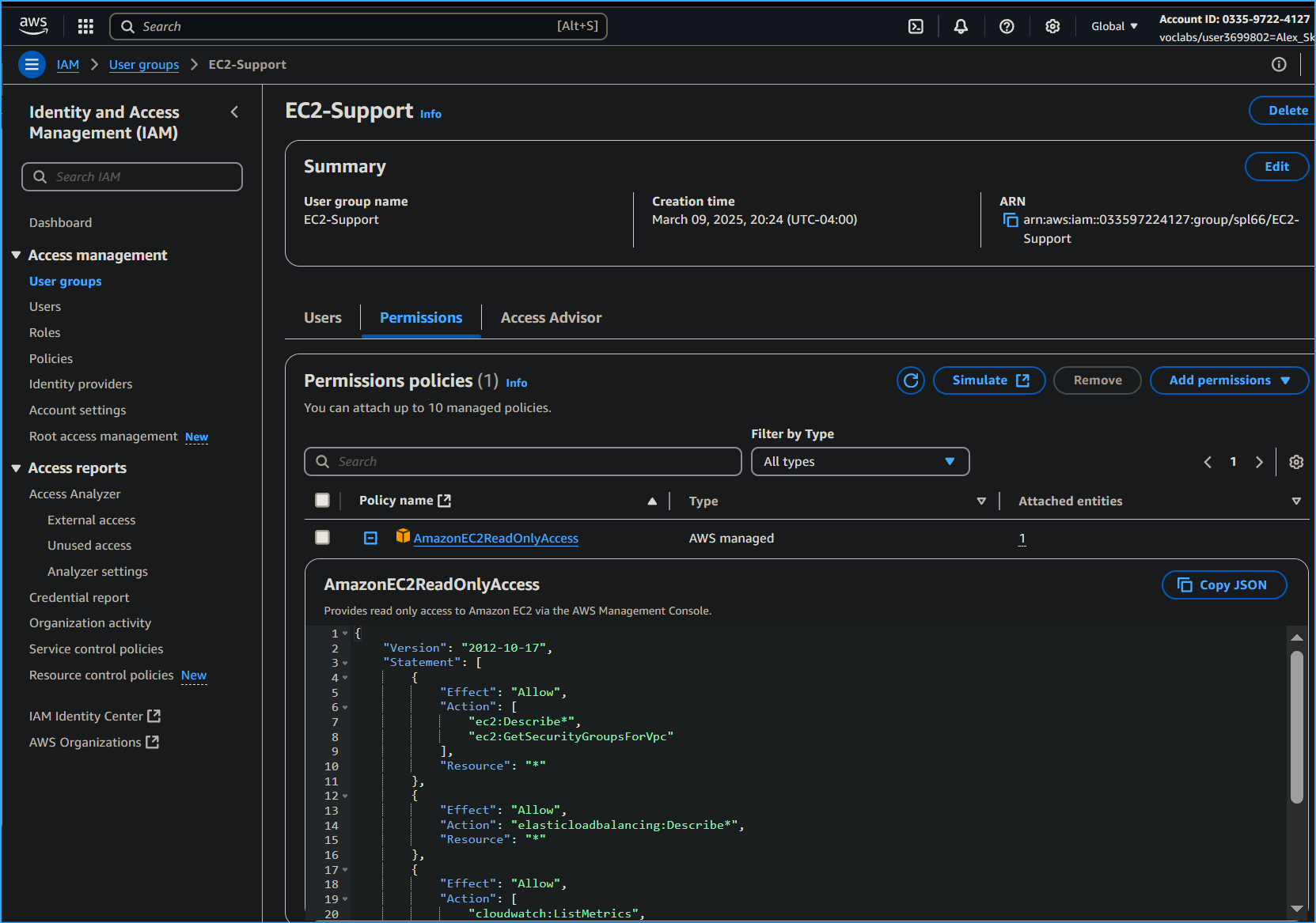 This User Group Has Read Only Access Outlined in JSON Policy