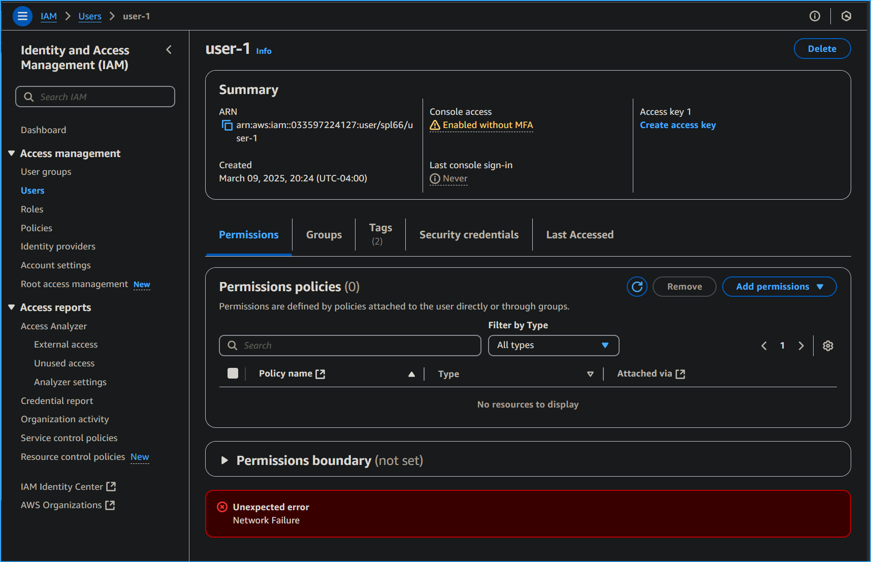 User One Has No Permissions