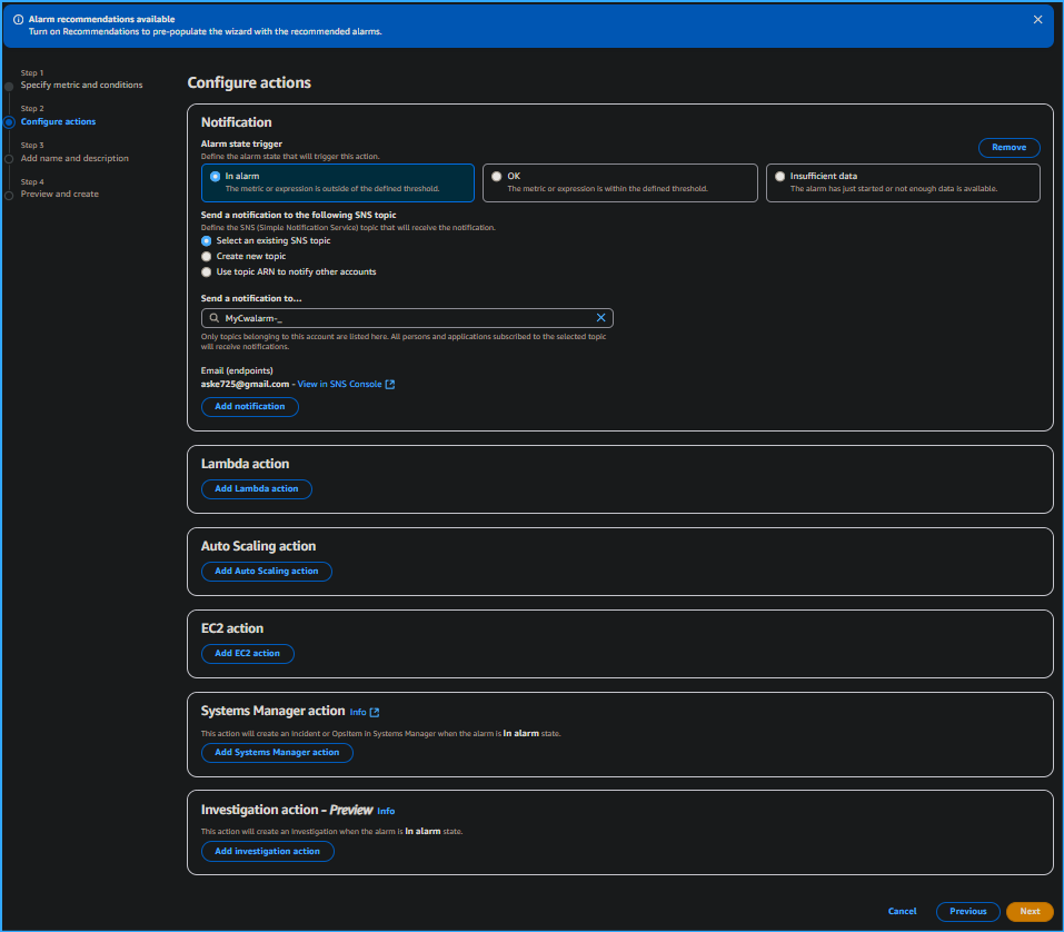 Configuring Actions Sending SNS Topic Notifications to Email