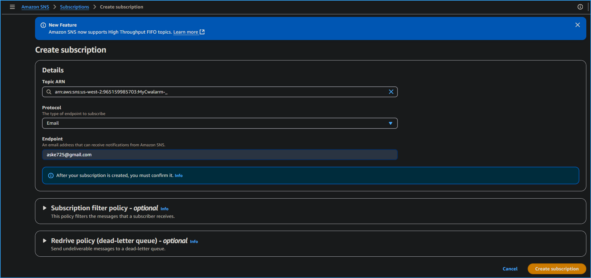 Creating CWAlarm Subscription
