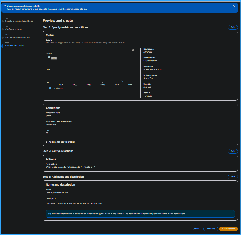 Preview and Create Alarm Page