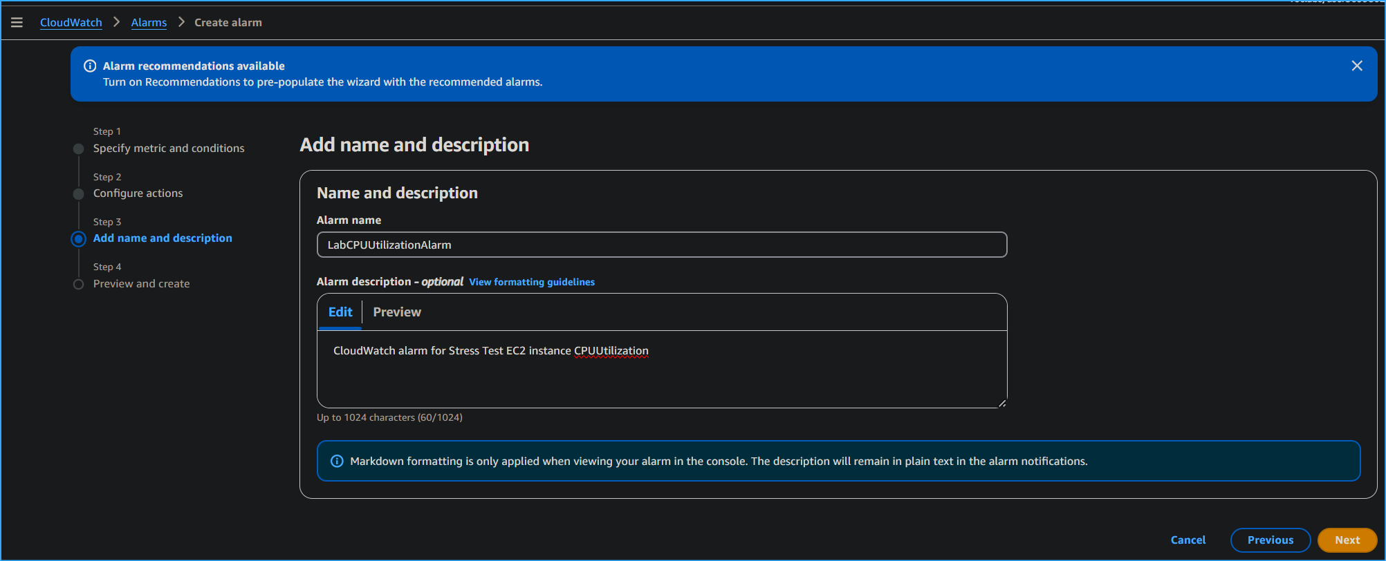Setting Alarm Name and Subscription
