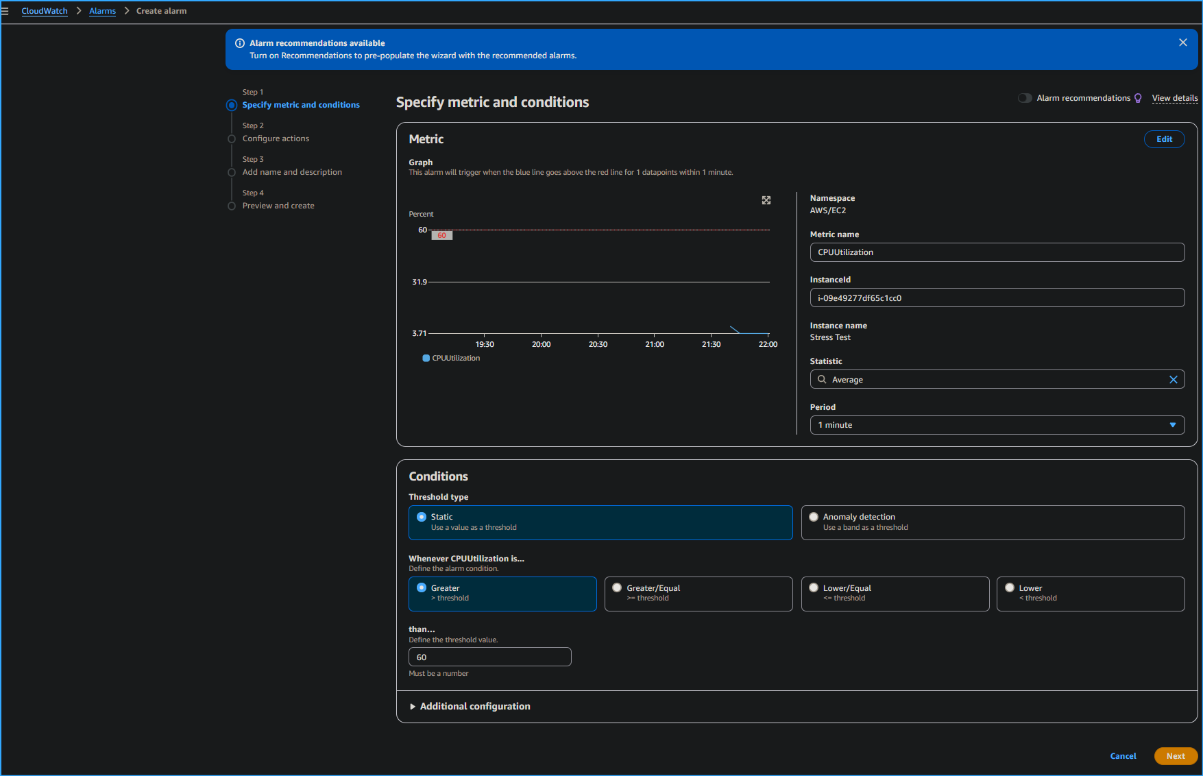 Specifying Metrics and Conditions for CPU Utilization CloudWatch Alarm