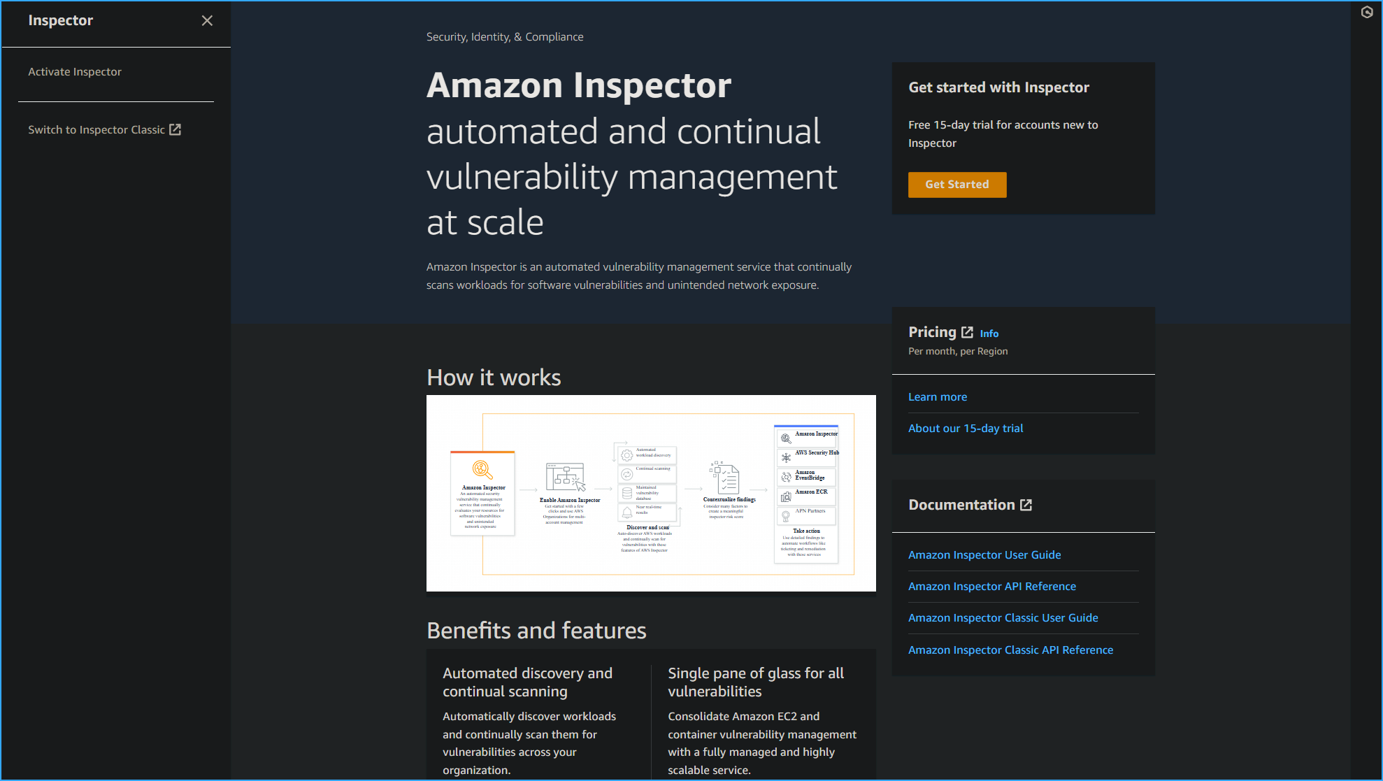 Amazon Inspector then switch to Inspector Classic on left
