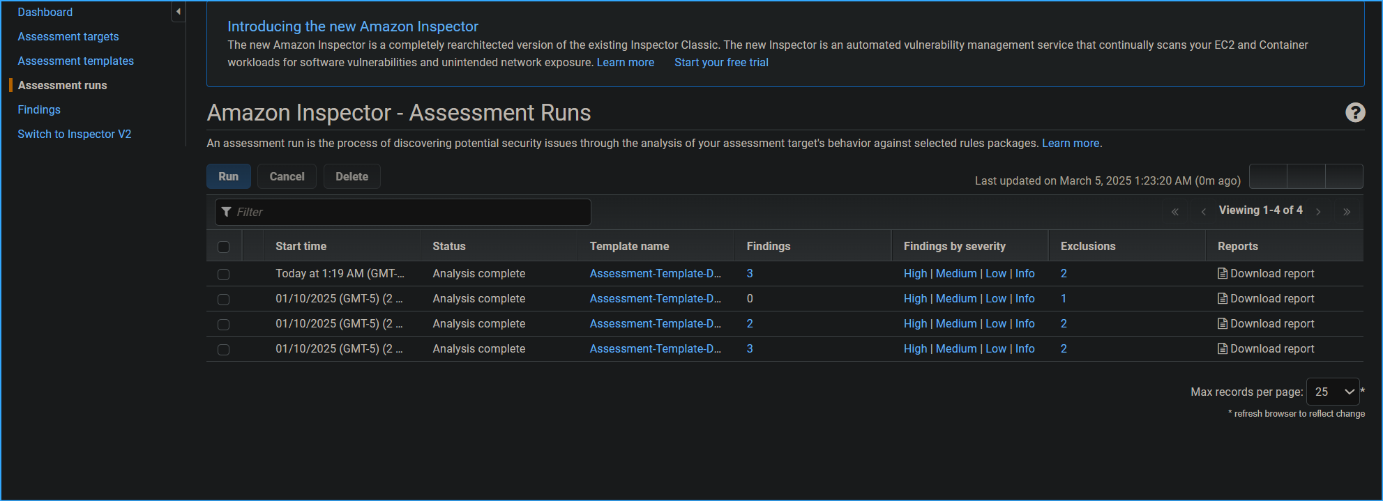 Assessment runs page