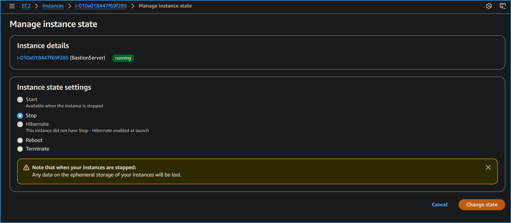 Deleted SSH then stopped bastion server instance