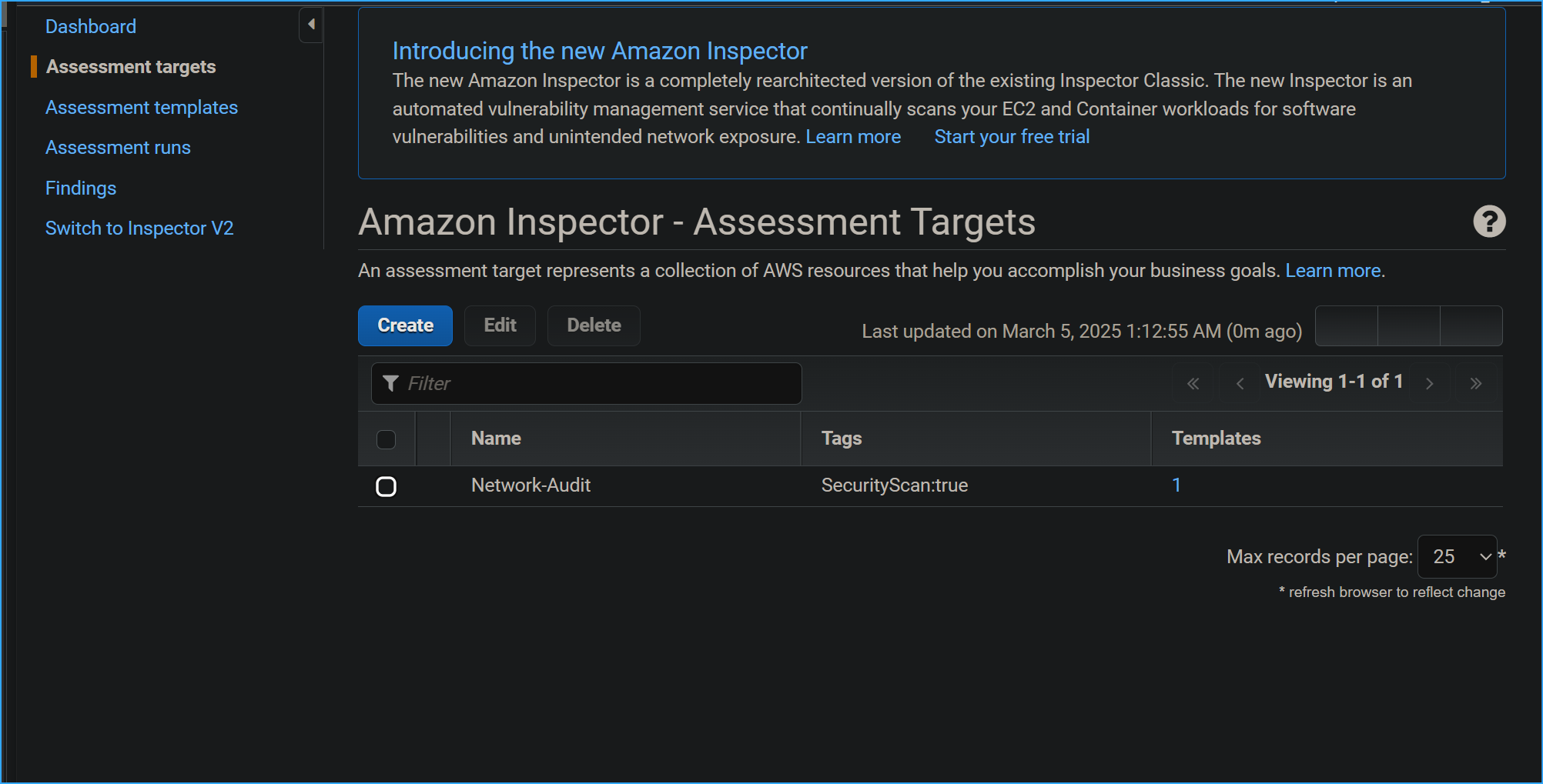 In assessment targets configured the following