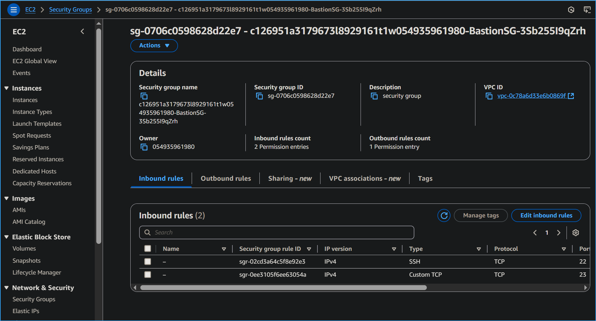 Need to edit inbound rules for bastion server SG