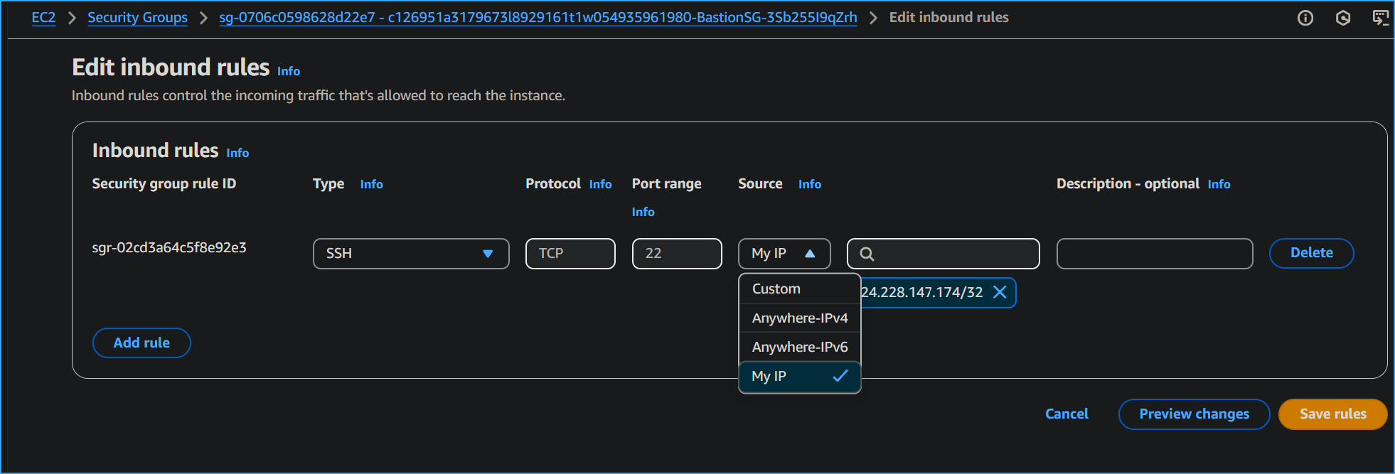 Removed telnet changed source to my IP for SSH inbound rules
