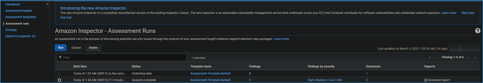 Selected box next to recent assessment run chose run verified zero findings now
