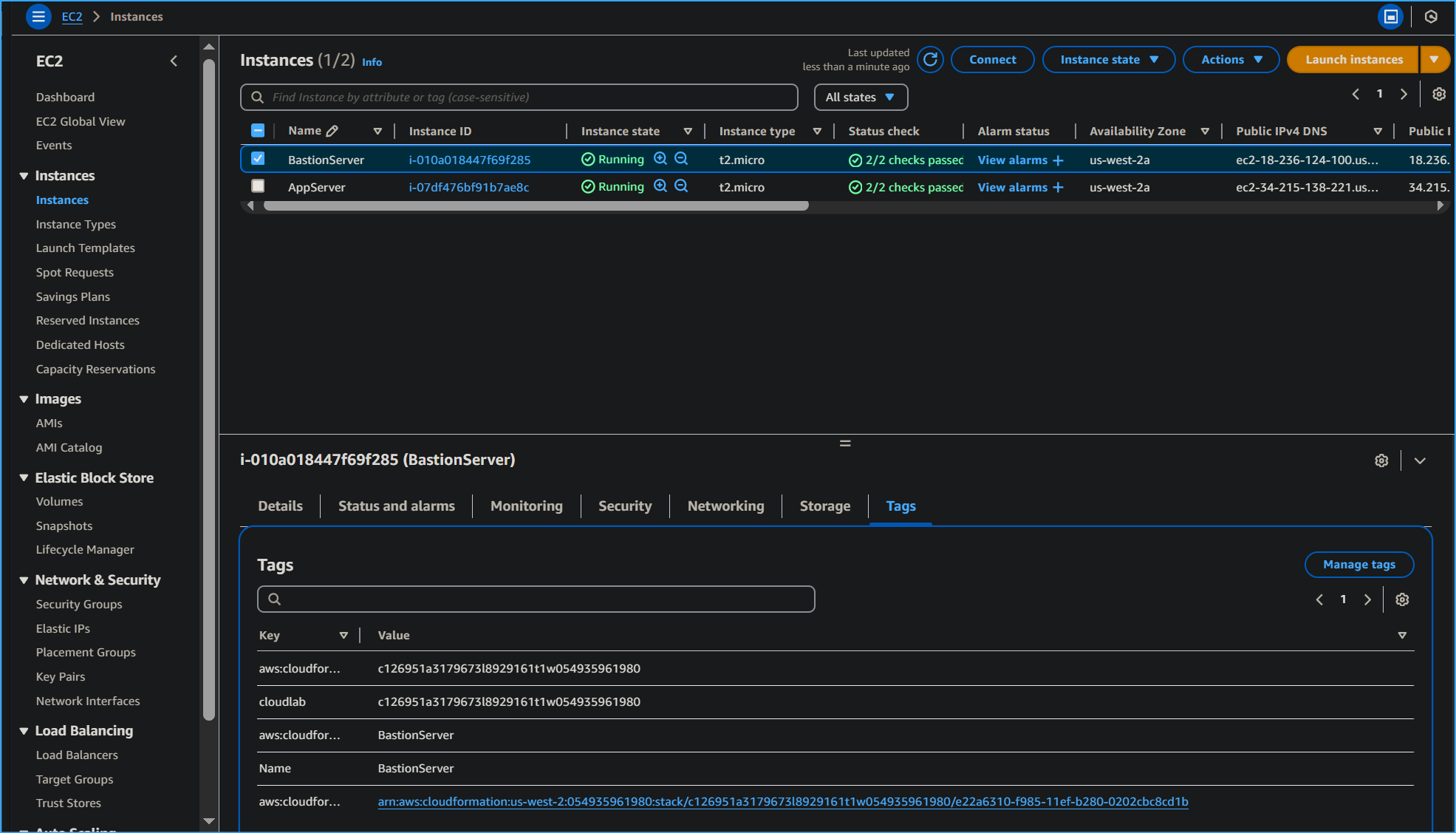 Tags tab on bastion server instance