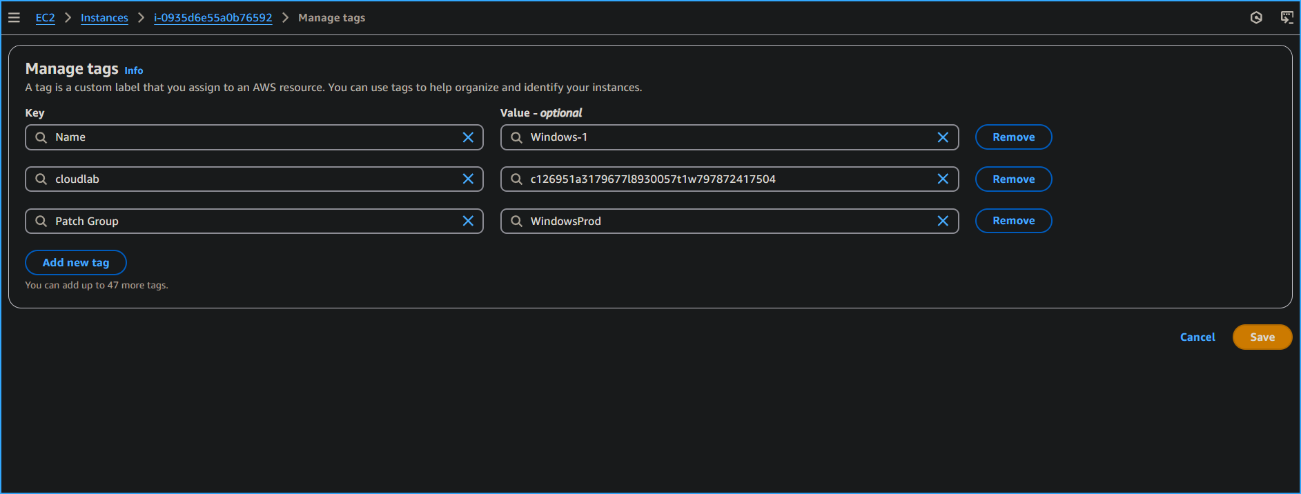 Beginning to Add Tag Names to Instances Windows One Two Three