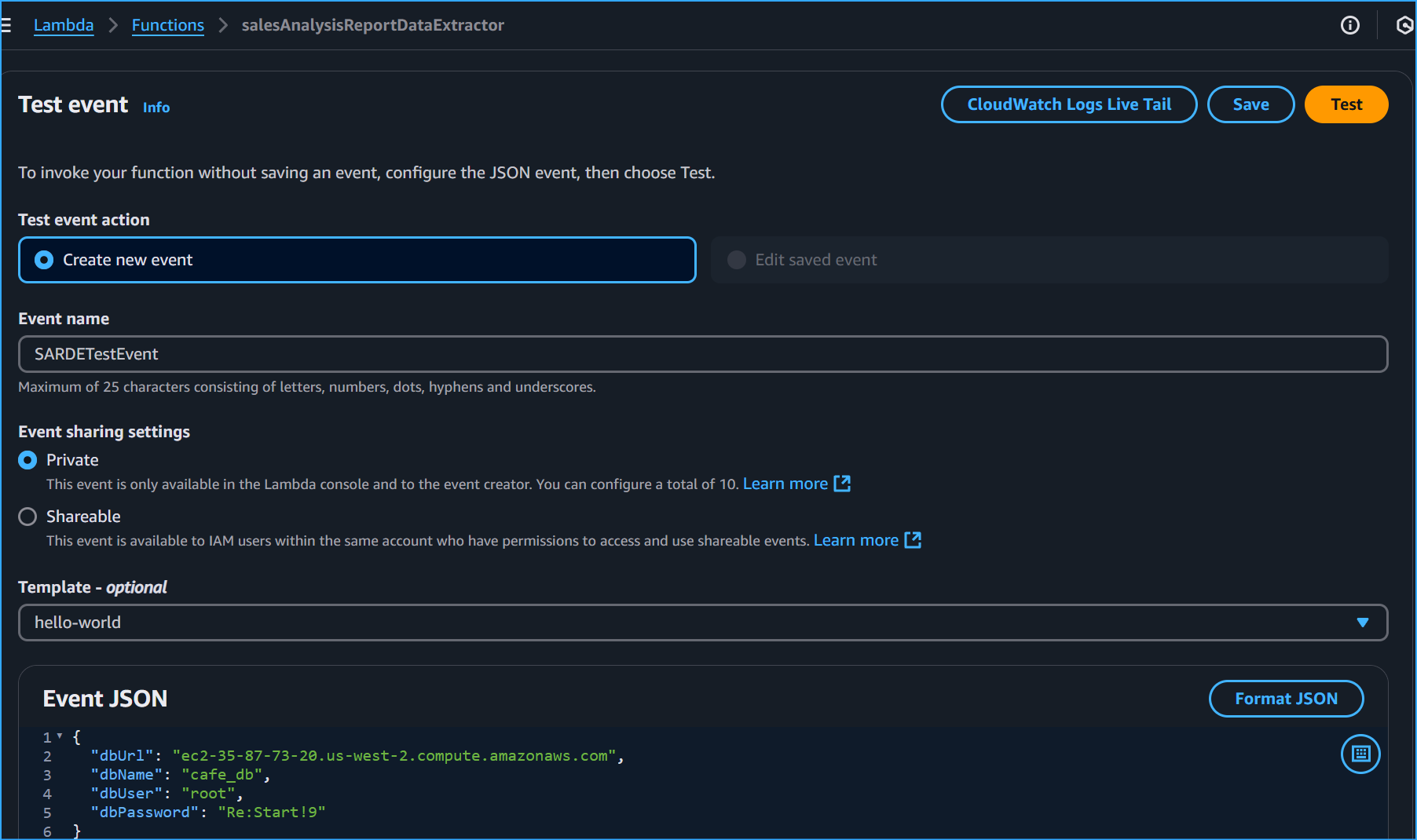 Create Test Event With These JSON Values Storing DB Parameters