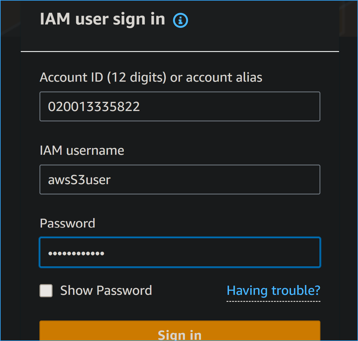 After copying account ID, used it and IAM credentials to sign in