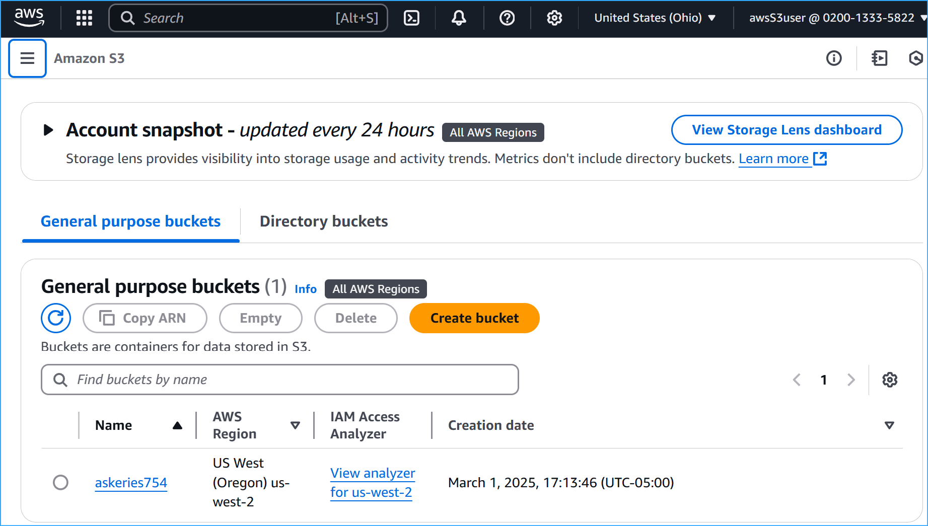 After granting permissions to this IAM user can now see S3 bucket