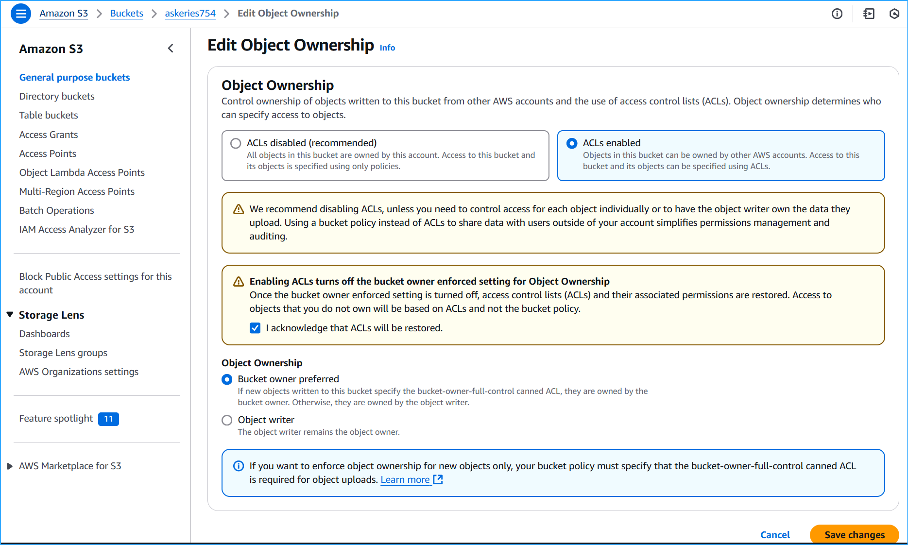 Enabled ACLs in object ownership, acknowledged ACLs will be restored