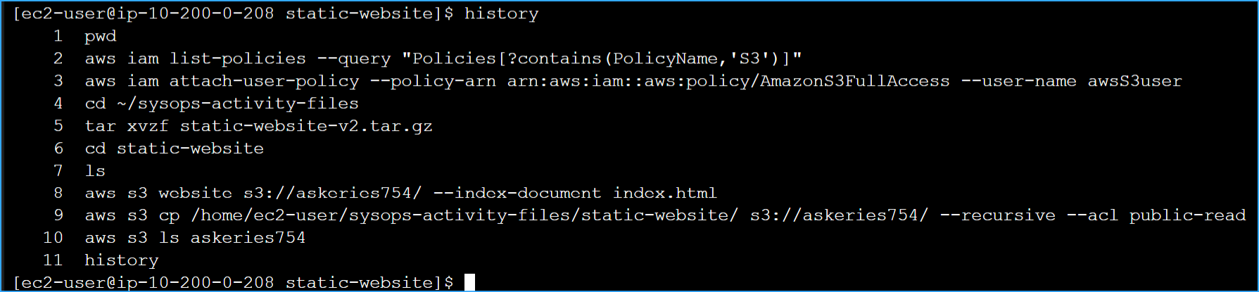 Ran history command to find my S3 copy command