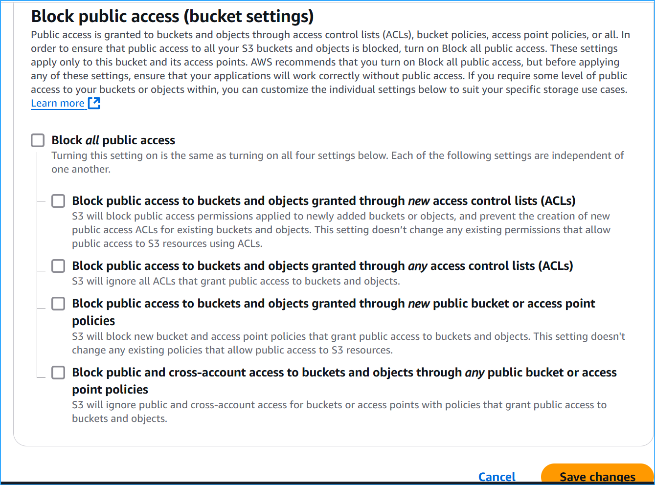 Turned off block public access setting in S3 bucket