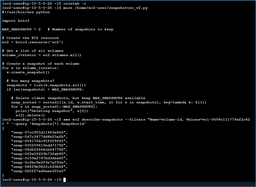CMD At Top Was For Stopping Cron Job At Bottom Shows Snapshots Before It Was Stopped