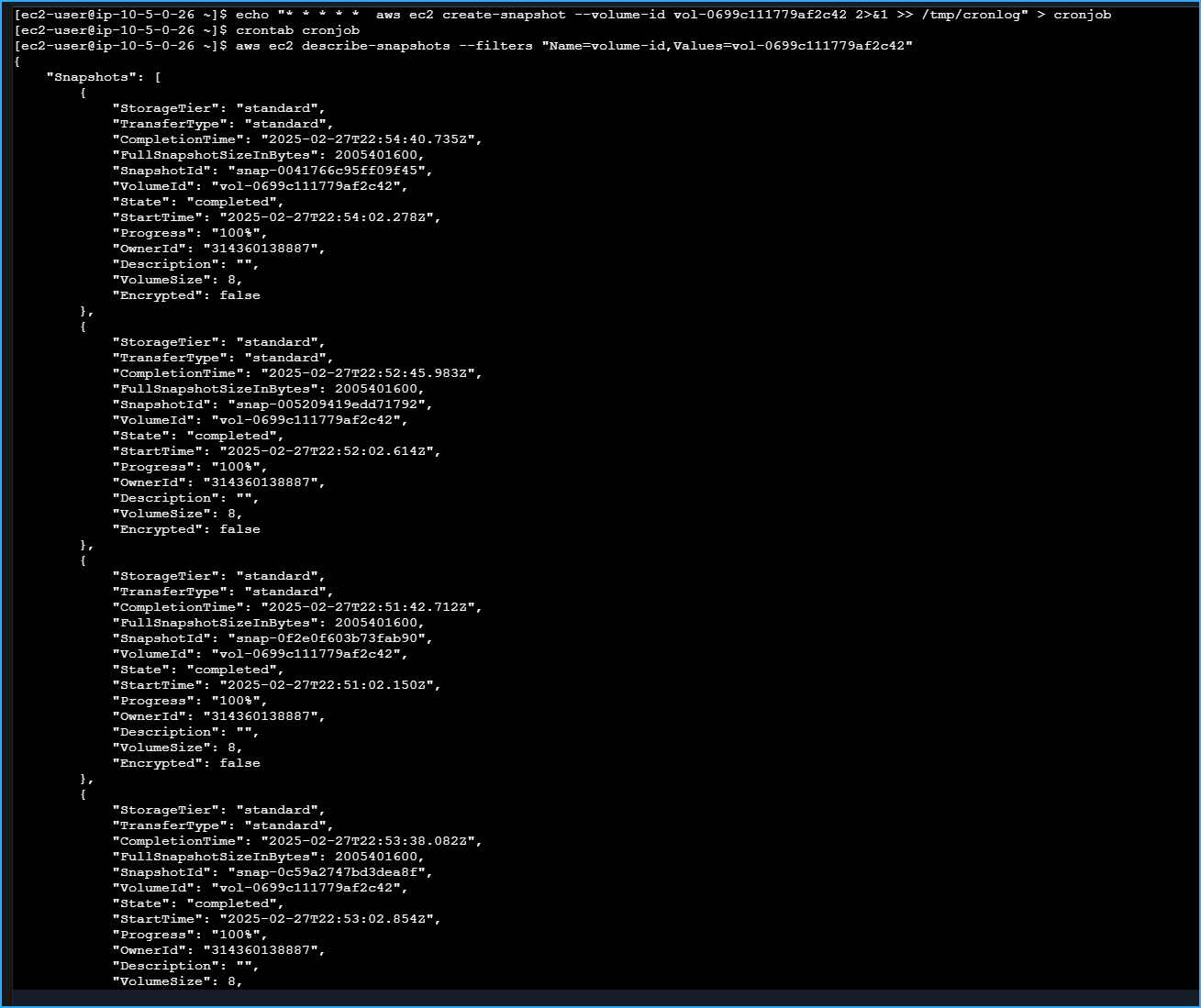 Created And Scheduled Cron Job To Schedule Recurring Snapshots Every Minute Then Verified Several Snapshots After Some Time