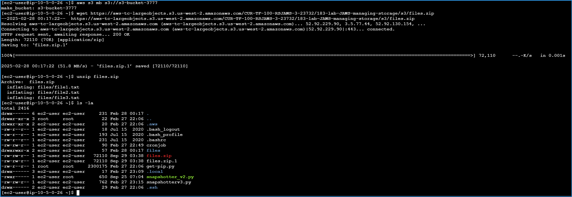 Made S3 Bucket Then Downloaded And Extracted Sample Files And Made Sure Files Zip Dir Exists