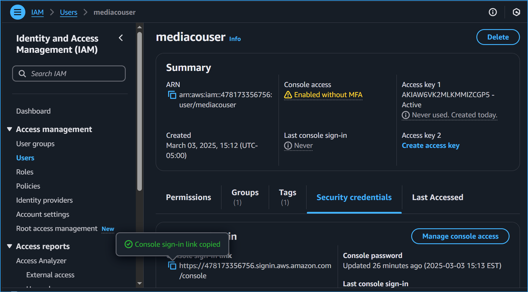 Copied Console Sign In Link