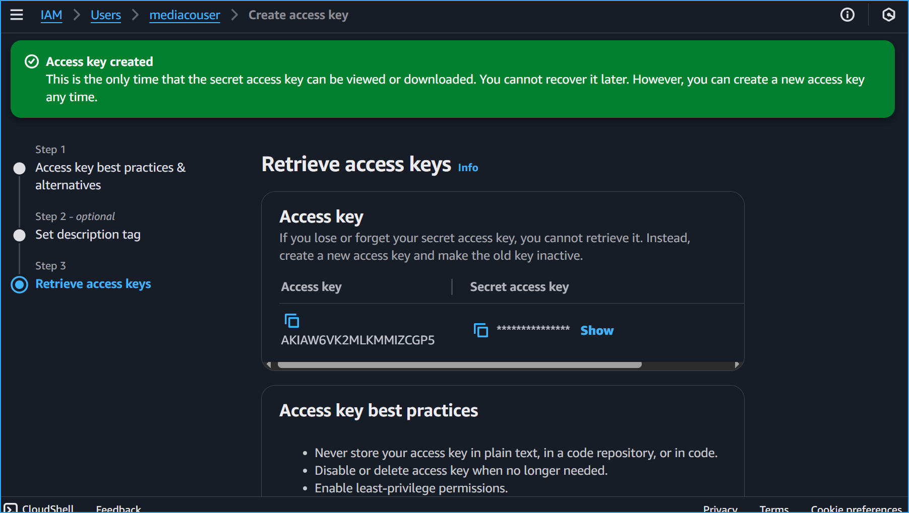 Created CLI Access Key for MediaCo User in IAM