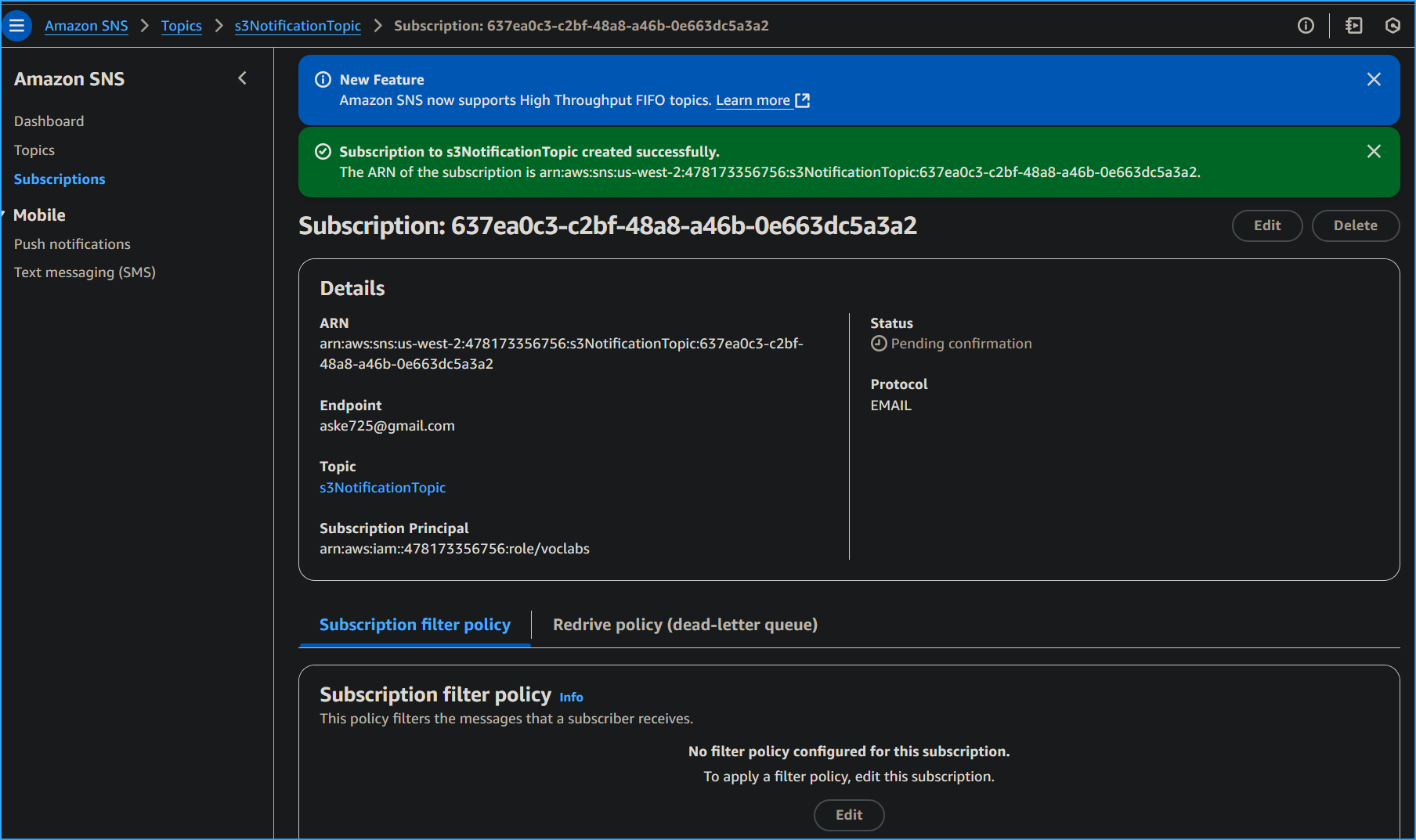 Created Subscription to SNS Topic with Email Then Confirmed