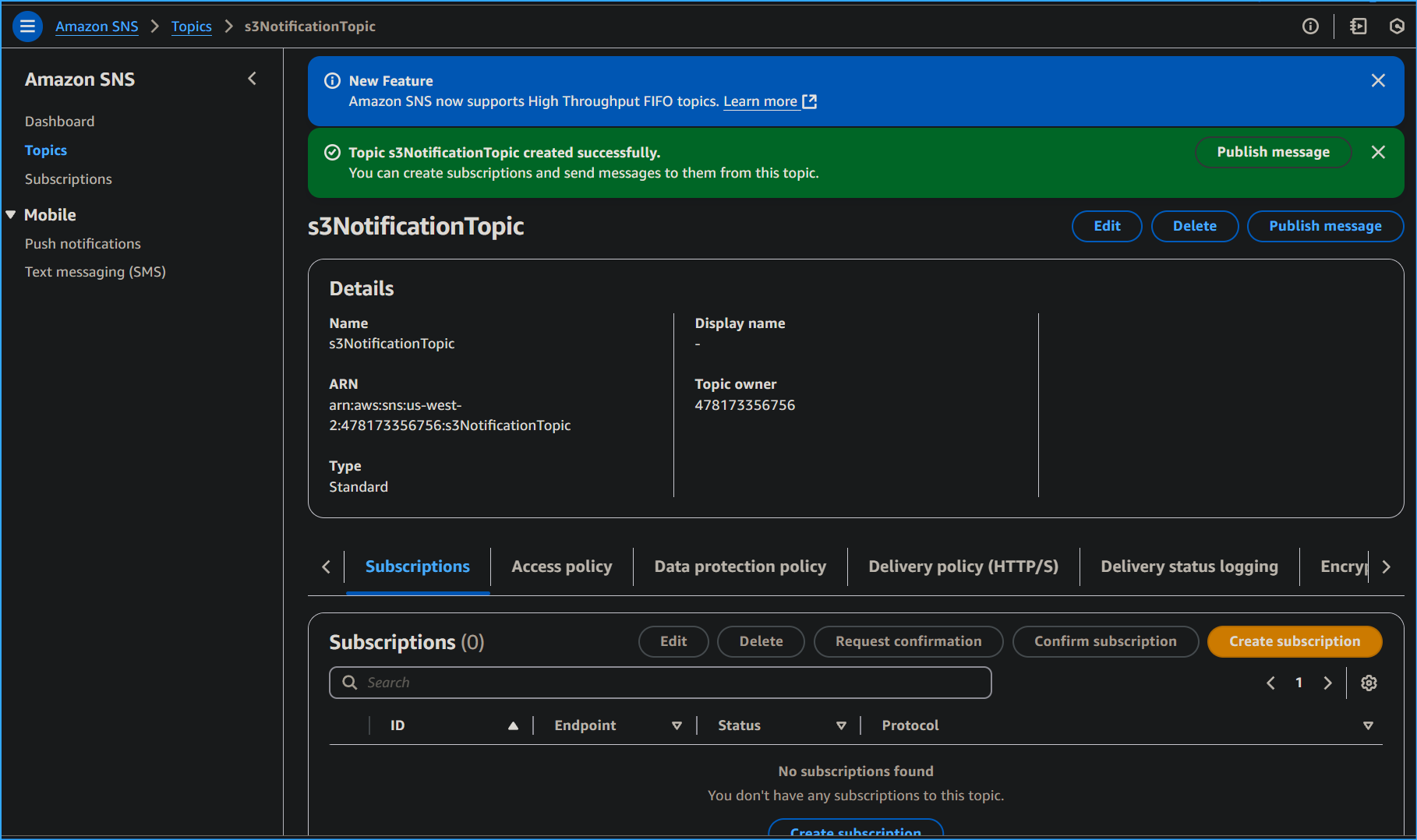S3 Notification Topic Created in SNS