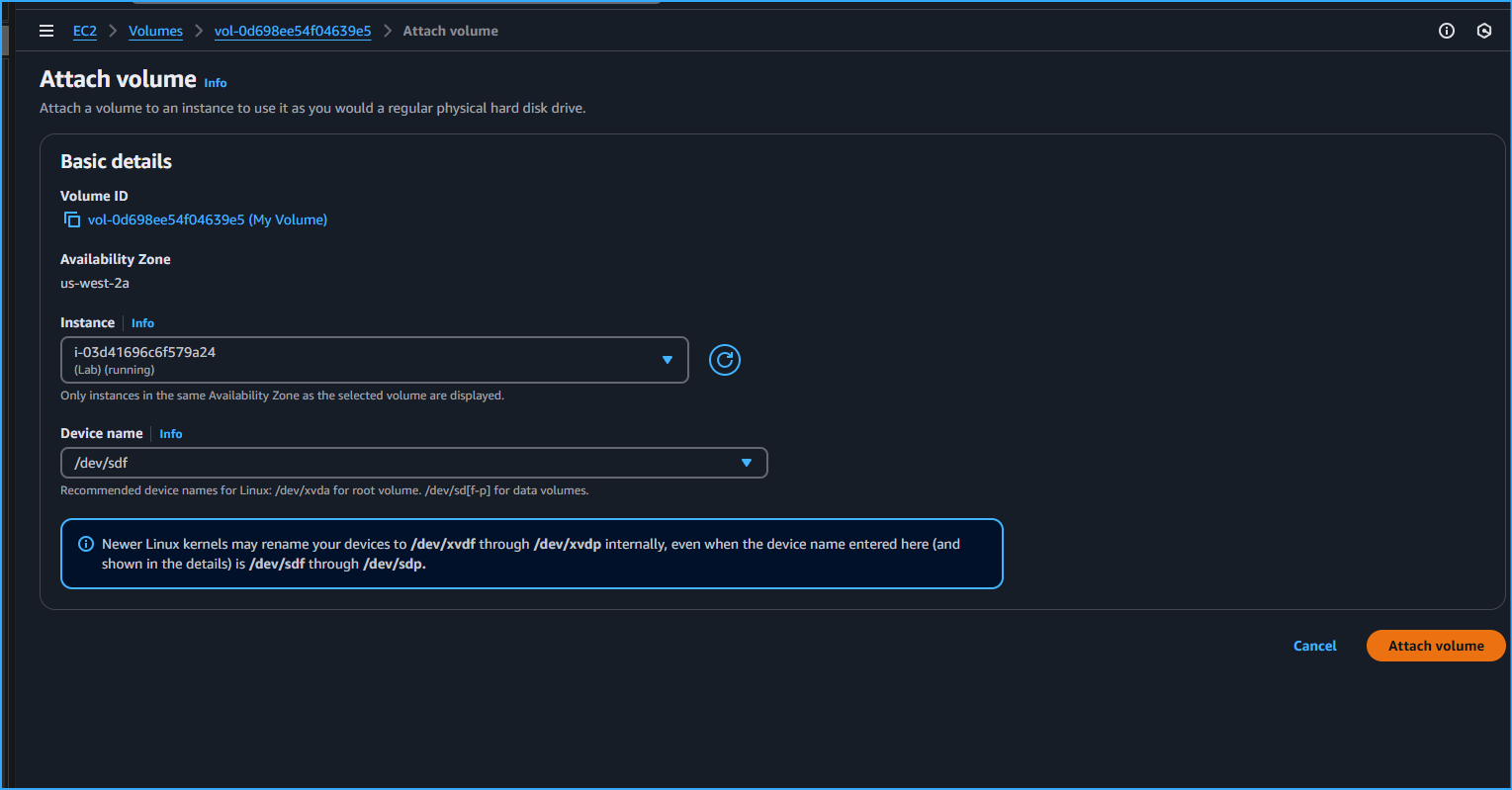 Attaching Newly Created EBS Volume To EC2 Instance
