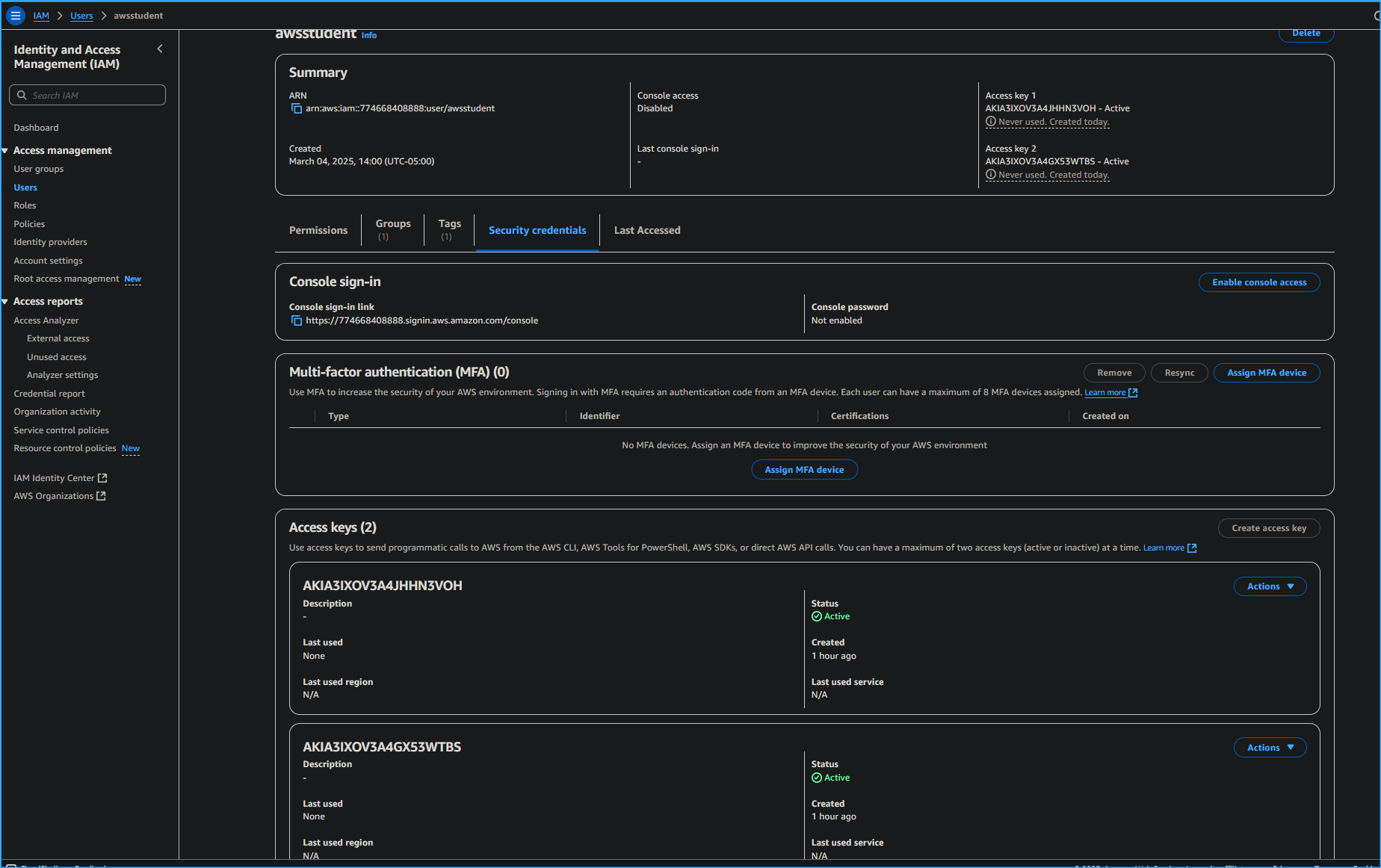 AWS Student User Access Key
