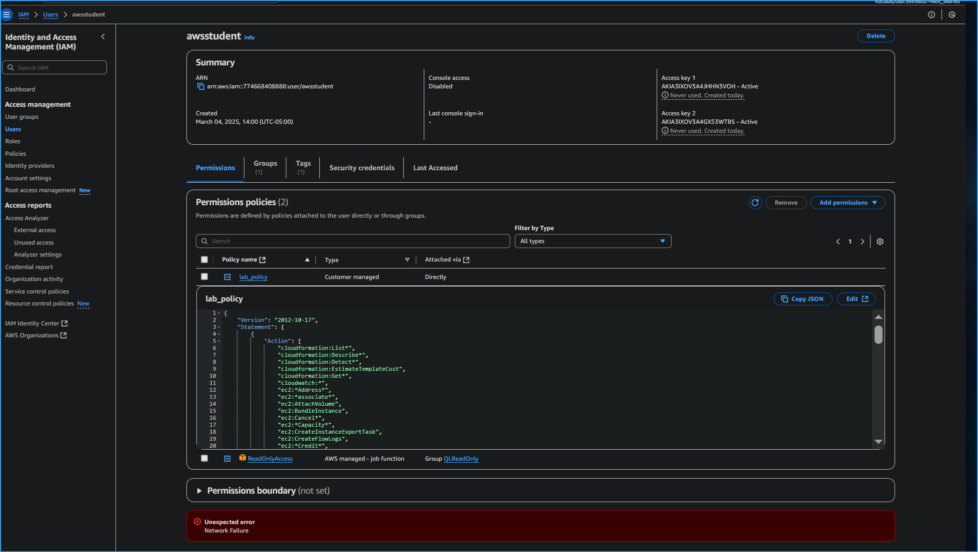 Lab Policy In JSON Granted To AWS Student