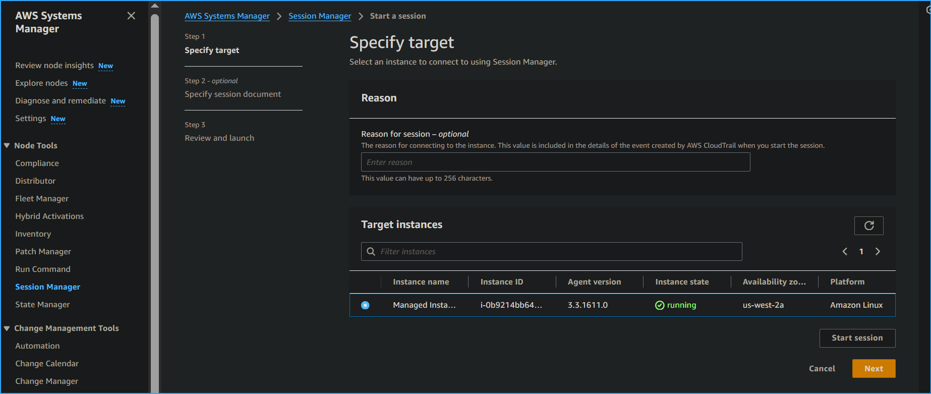 Starting Session with Managed Instance Using Session Manager
